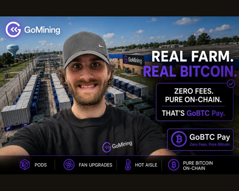 GoMining South Carolina farm graphic: real farm, real Bitcoin, GoBTC Pay